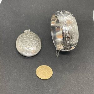 Antique Silver Engraved Bracelet and Locket Set